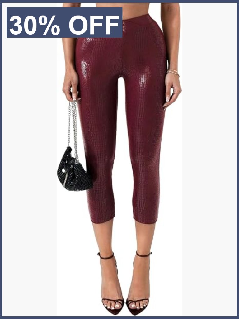 Faux Leather Capri Leggings Crossover Waist High Rise Skinny